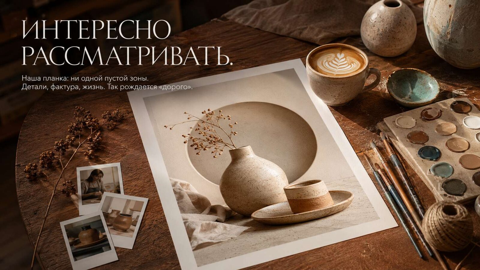 Слайд «Интересно рассматривать»: мастерская, керамика, распечатка на столе, кофе, кисти — ни одной пустой зоны